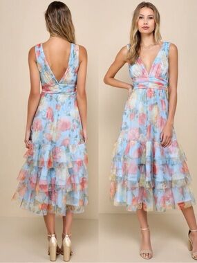 NWT Lulu’s Perfectly Divine Blue Floral Tulle Tiered Ruffled Midi Dress Medium